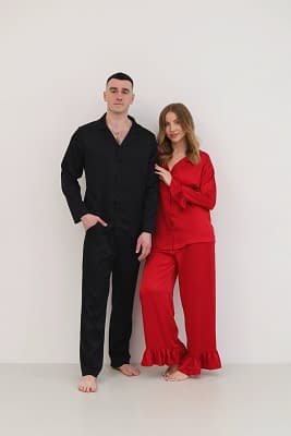 Парні піжами шовк ( жіноча волан + чоловіча ) чорний + червоний